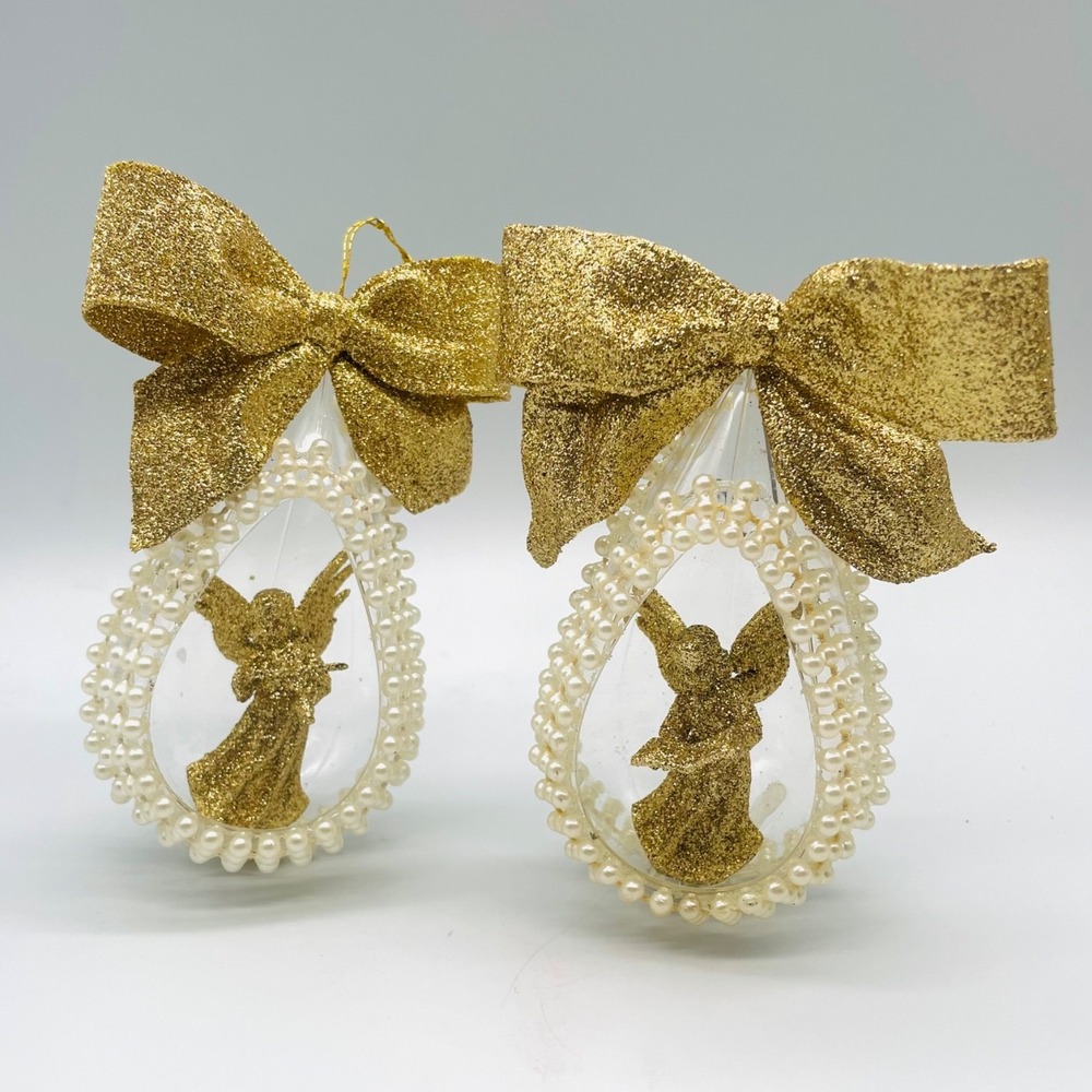 Angel Teardrop Christmas Ornaments Set of 2 Gold Glitter Bow 5"β